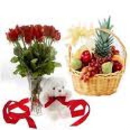 12 Red Carnations With Teddy And 2 Kg Fresh Fruit Basket